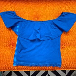 Bright Royal Blue Ruffle Neck/Sleeve Lace Edge Fitted Crop Top - Juniors M